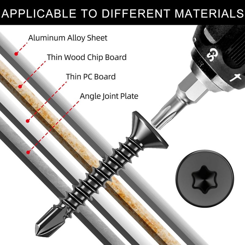 HanTof 100Pcs Torx Drive High-Strength Quick Tapping Screws for Metal, Black #8 x 1-1/2" Flat Head Self Drilling Screws, 410 Stainless Steel Sheet Metal TEK Screws Assortment with 1 Pcs T20 Bits - Image 4